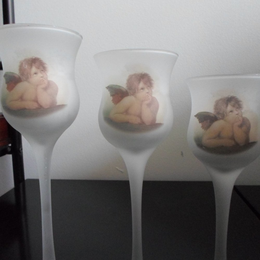 Frosted Stemmed Glass Cherub Candleholders – Set of 3 - Picture 3 of 5